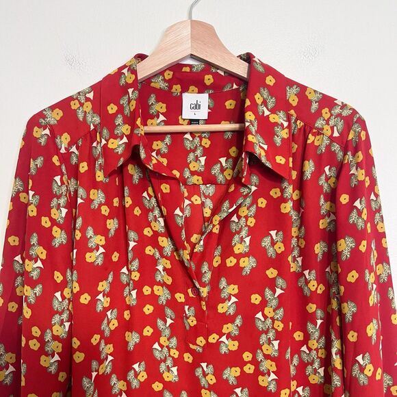 Cabi Belfry Floral Popover Blouse #3947 Size L Coral Red Long Sleeve - Picture 3 of 8